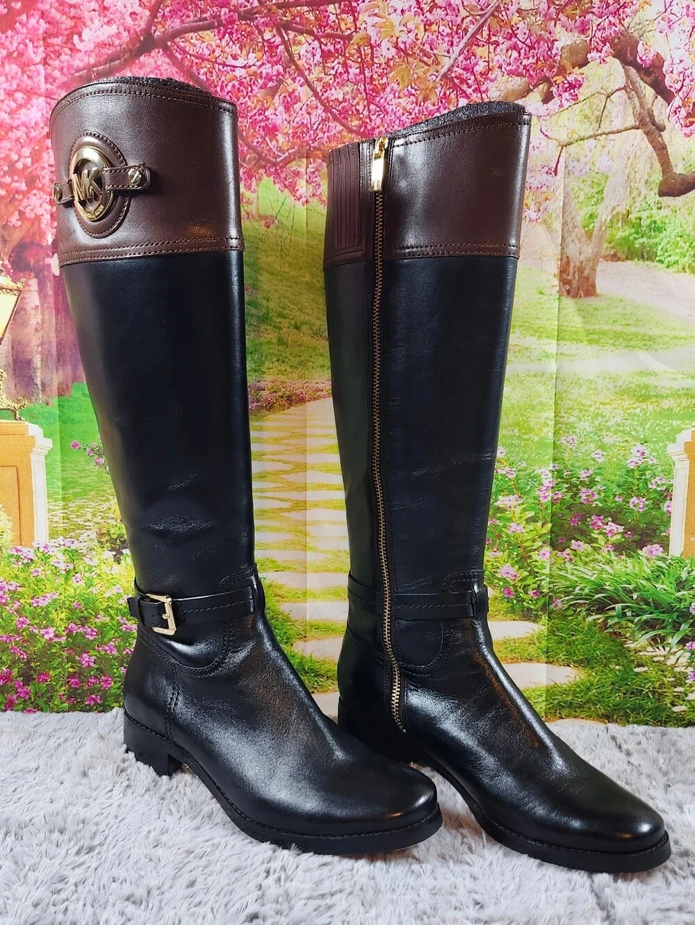 Michael Kors Two-Tone Leather Riding Boots Size 6.5M Black Brown MK Logo.